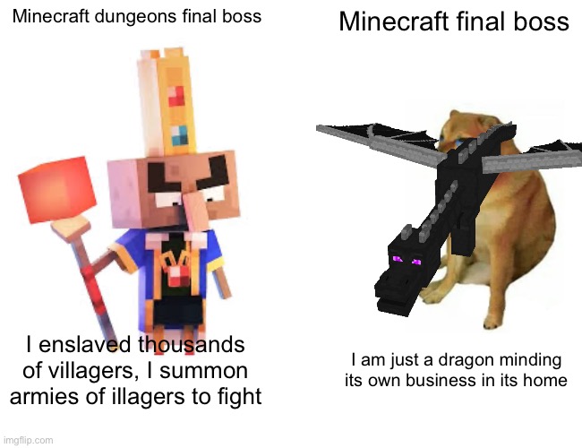 Maybe in Minecraft we are the bad guys… | Minecraft dungeons final boss; Minecraft final boss; I enslaved thousands of villagers, I summon armies of illagers to fight; I am just a dragon minding its own business in its home | image tagged in memes,buff doge vs cheems,minecraft,minecraft dungeons | made w/ Imgflip meme maker