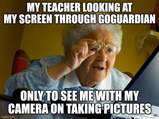 I guess well never know | MY TEACHER LOOKING AT MY SCREEN THROUGH GOGUARDIAN; ONLY TO SEE ME WITH MY CAMERA ON TAKING PICTURES | image tagged in memes,grandma finds the internet | made w/ Imgflip meme maker