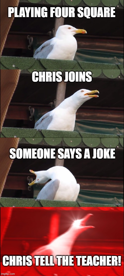 That one kid | PLAYING FOUR SQUARE; CHRIS JOINS; SOMEONE SAYS A JOKE; CHRIS TELL THE TEACHER! | image tagged in memes,inhaling seagull | made w/ Imgflip meme maker