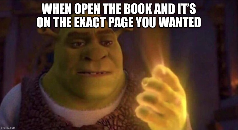 Shrek Glowing Hand | WHEN OPEN THE BOOK AND IT’S ON THE EXACT PAGE YOU WANTED | image tagged in shrek glowing hand | made w/ Imgflip meme maker