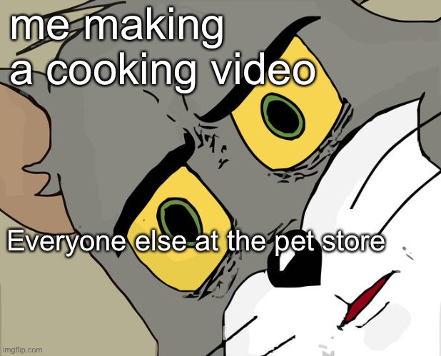 Unsettled Tom | me making a cooking video; Everyone else at the pet store | image tagged in memes,unsettled tom | made w/ Imgflip meme maker