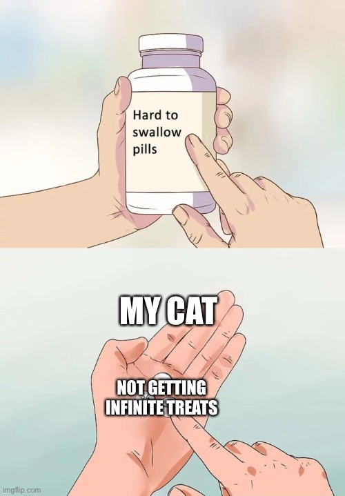 Hard To Swallow Pills Meme | MY CAT; NOT GETTING INFINITE TREATS | image tagged in memes,hard to swallow pills | made w/ Imgflip meme maker