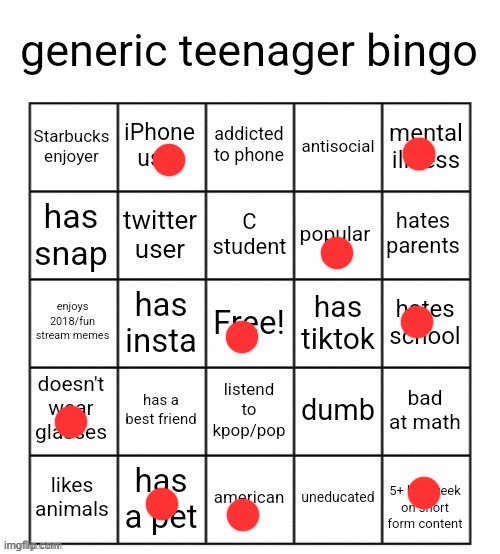 generic teenager bingo | image tagged in generic teenager bingo | made w/ Imgflip meme maker