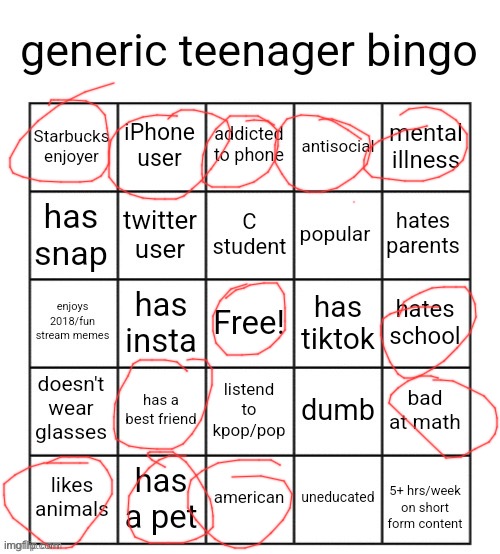 generic teenager bingo | image tagged in generic teenager bingo | made w/ Imgflip meme maker