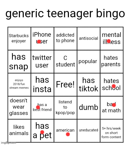 generic teenager bingo | image tagged in generic teenager bingo | made w/ Imgflip meme maker