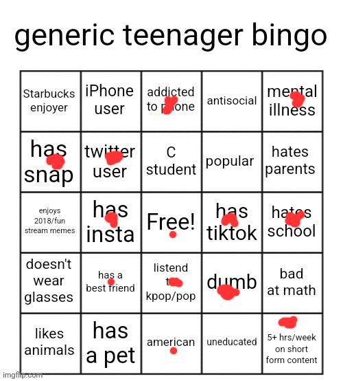 Insta and tiktok are the same thing now tho | image tagged in generic teenager bingo | made w/ Imgflip meme maker