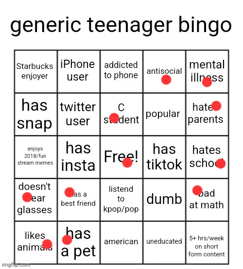 generic teenager bingo | image tagged in generic teenager bingo | made w/ Imgflip meme maker