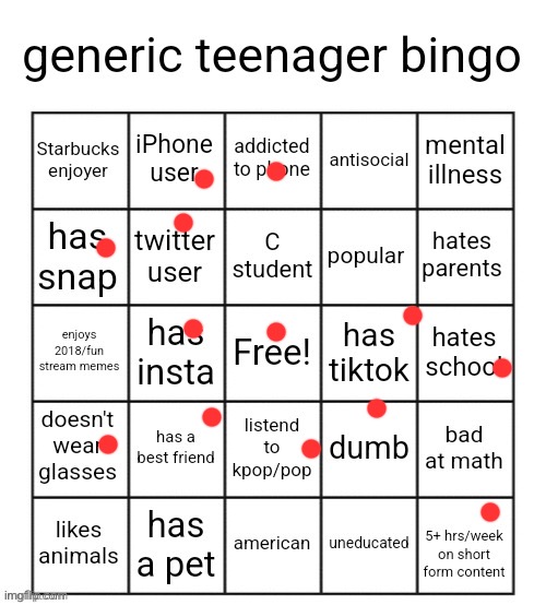 generic teenager bingo | image tagged in generic teenager bingo | made w/ Imgflip meme maker