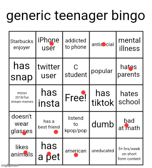 generic teenager bingo | image tagged in generic teenager bingo | made w/ Imgflip meme maker