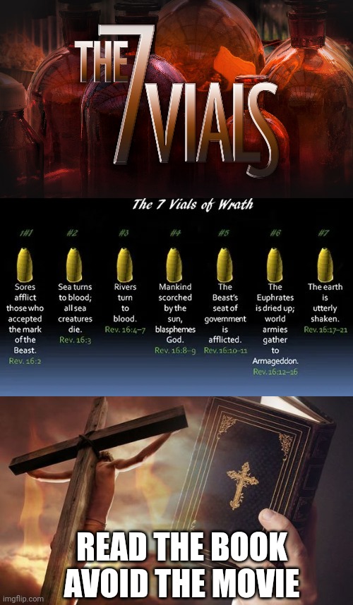 READ THE BOOK
AVOID THE MOVIE | image tagged in 7 vials of the wrath of god,the seven vials of the wrath of god,jesus cross bible | made w/ Imgflip meme maker