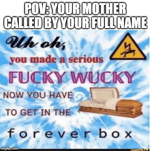 welp time to go to the forever realm | POV: YOUR MOTHER CALLED BY YOUR FULL NAME | image tagged in funny memes,idk what to put as a tag | made w/ Imgflip meme maker