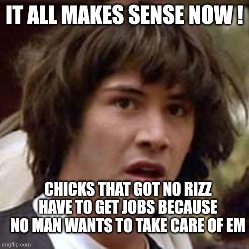 Conspiracy Keanu Meme | IT ALL MAKES SENSE NOW ! CHICKS THAT GOT NO RIZZ
HAVE TO GET JOBS BECAUSE NO MAN WANTS TO TAKE CARE OF EM | image tagged in memes,conspiracy keanu | made w/ Imgflip meme maker