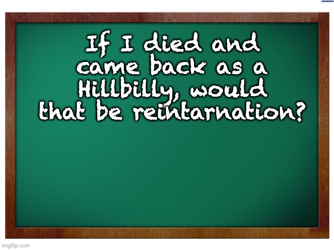 Redneck | If I died and came back as a Hillbilly, would that be reintarnation? | image tagged in green blank blackboard | made w/ Imgflip meme maker