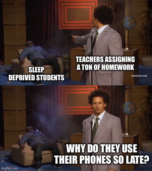 Fr | TEACHERS ASSIGNING A TON OF HOMEWORK; SLEEP DEPRIVED STUDENTS; WHY DO THEY USE THEIR PHONES SO LATE? | image tagged in memes,who killed hannibal | made w/ Imgflip meme maker