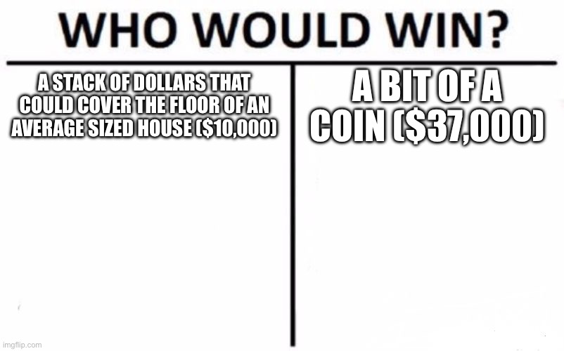Bitcoins are worth 37,000 dollars | A STACK OF DOLLARS THAT COULD COVER THE FLOOR OF AN AVERAGE SIZED HOUSE ($10,000); A BIT OF A COIN ($37,000) | image tagged in memes,who would win | made w/ Imgflip meme maker