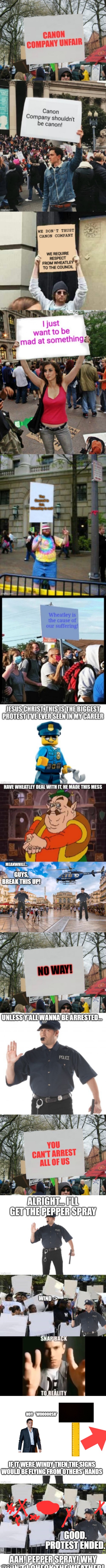 And I thought Lego Cop believed in "Don't just stand there, do something" | NO!!   *WOOOOOSH*; IF IT WERE WINDY THEN THE SIGNS WOULD BE FLYING FROM OTHERS' HANDS; GOOD. PROTEST ENDED. | image tagged in snap back to reality,blank white template | made w/ Imgflip meme maker