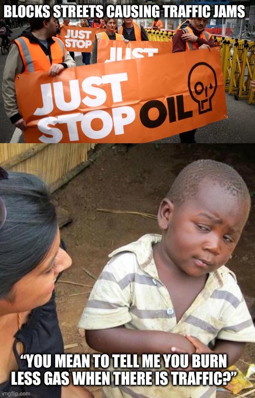 Just Stop Traffic | BLOCKS STREETS CAUSING TRAFFIC JAMS; “YOU MEAN TO TELL ME YOU BURN LESS GAS WHEN THERE IS TRAFFIC?” | image tagged in just stop oil,memes,third world skeptical kid | made w/ Imgflip meme maker