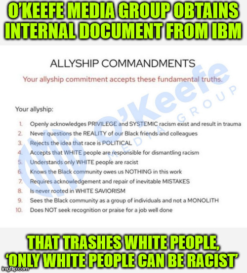 O’KEEFE MEDIA GROUP OBTAINS INTERNAL DOCUMENT FROM IBM THAT TRASHES WHITE PEOPLE, ‘ONLY WHITE PEOPLE CAN BE RACIST’ | made w/ Imgflip meme maker