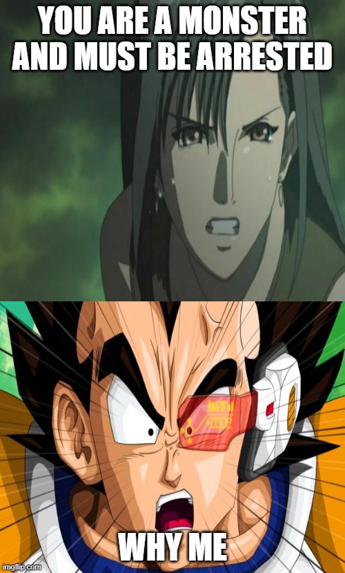 tifa angry at vegeta | YOU ARE A MONSTER AND MUST BE ARRESTED; WHY ME | image tagged in tifa angry at who,vegeta,final fantasy 7,antifa,dragon ball z | made w/ Imgflip meme maker