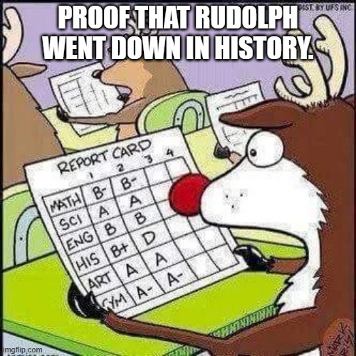 meme by Brad Christmas Rudolphs report card | PROOF THAT RUDOLPH WENT DOWN IN HISTORY. | image tagged in christmas meme | made w/ Imgflip meme maker