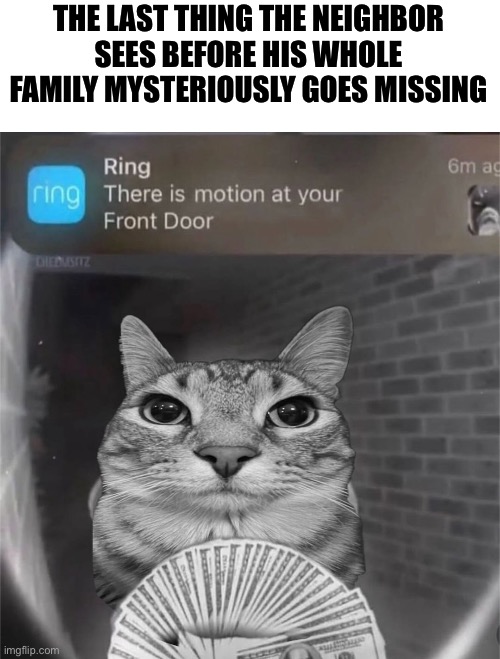 motion | THE LAST THING THE NEIGHBOR
SEES BEFORE HIS WHOLE
FAMILY MYSTERIOUSLY GOES MISSING | image tagged in motion | made w/ Imgflip meme maker