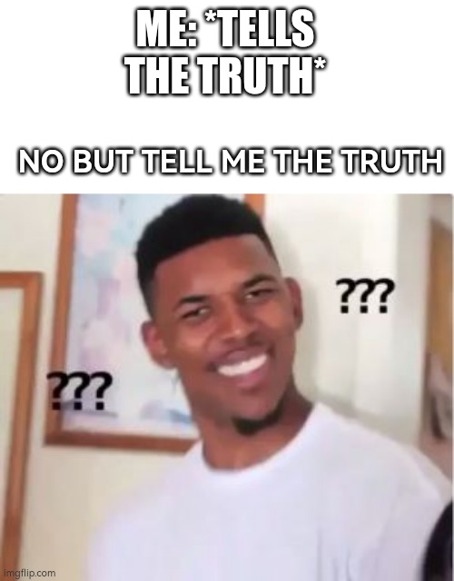 So im going to just lie | ME: *TELLS THE TRUTH*; NO BUT TELL ME THE TRUTH | image tagged in relatable memes | made w/ Imgflip meme maker
