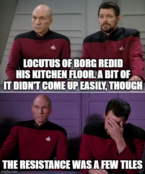 Borg Pun | LOCUTUS OF BORG REDID HIS KITCHEN FLOOR. A BIT OF IT DIDN'T COME UP EASILY, THOUGH; THE RESISTANCE WAS A FEW TILES | image tagged in picard riker listening to a pun | made w/ Imgflip meme maker