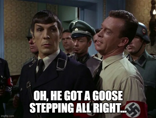 Vulcan Grab | OH, HE GOT A GOOSE STEPPING ALL RIGHT... | image tagged in star trek nazi spock uncovered by bad guy | made w/ Imgflip meme maker