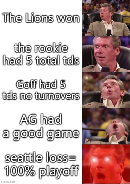 lions? | The Lions won; the rookie had 5 total tds; Goff had 5 tds no turnovers; AG had a good game; seattle loss= 100% playoff | image tagged in vince mcmahon 5 tier,detroitlions | made w/ Imgflip meme maker