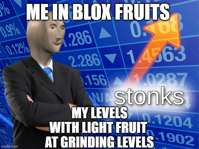 Light fruit in blox fruits | ME IN BLOX FRUITS; MY LEVELS
WITH LIGHT FRUIT 
AT GRINDING LEVELS | image tagged in stonks | made w/ Imgflip meme maker