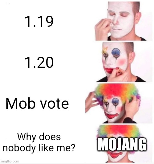 Clown Applying Makeup | 1.19; 1.20; Mob vote; MOJANG; Why does nobody like me? | image tagged in memes,clown applying makeup | made w/ Imgflip meme maker