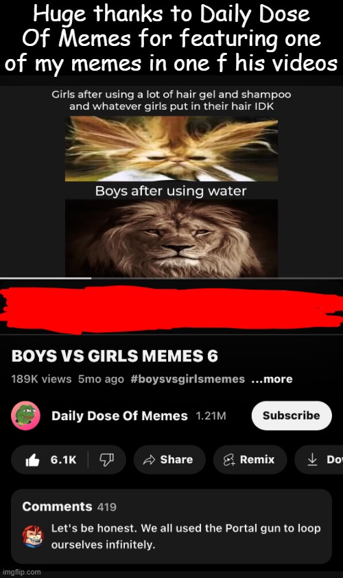 This made my day, and I did subscribe after the screenshot was taken | Huge thanks to Daily Dose Of Memes for featuring one of my memes in one f his videos | image tagged in boys vs girls,thanks,featured,cat,lion,hair | made w/ Imgflip meme maker