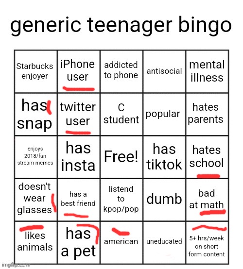 . | image tagged in generic teenager bingo | made w/ Imgflip meme maker