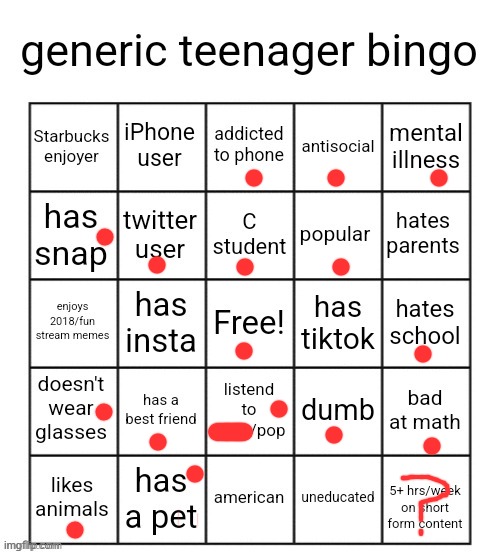 generic teenager bingo | image tagged in generic teenager bingo | made w/ Imgflip meme maker