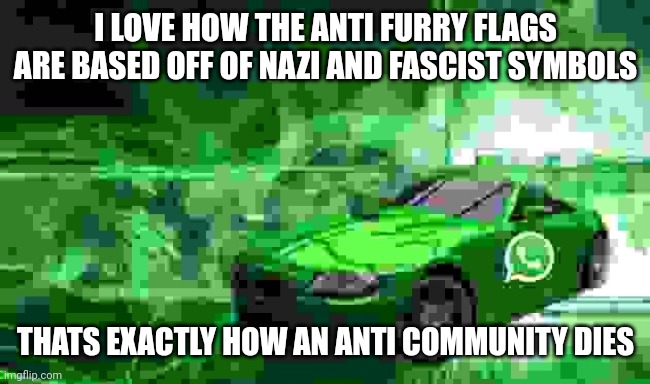 whatsapp car | I LOVE HOW THE ANTI FURRY FLAGS ARE BASED OFF OF NAZI AND FASCIST SYMBOLS; THATS EXACTLY HOW AN ANTI COMMUNITY DIES | image tagged in whatsapp car | made w/ Imgflip meme maker