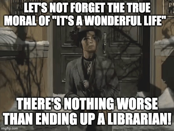 True Lesson | LET'S NOT FORGET THE TRUE MORAL OF "IT'S A WONDERFUL LIFE"; THERE'S NOTHING WORSE THAN ENDING UP A LIBRARIAN! | image tagged in it's a wonderful life | made w/ Imgflip meme maker