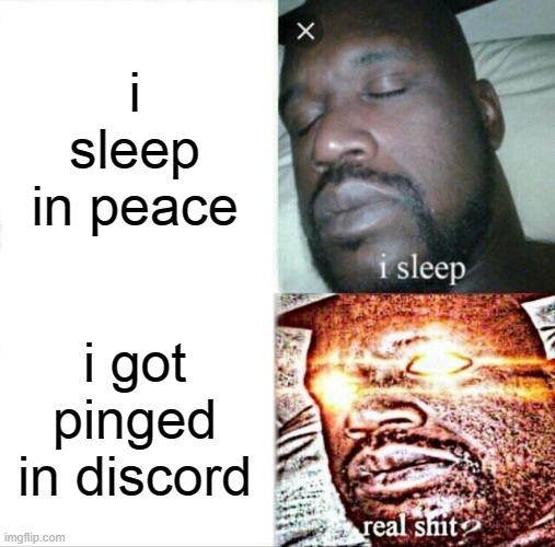 getting pinged in discord be like: | i sleep in peace; i got pinged in discord | image tagged in memes,sleeping shaq | made w/ Imgflip meme maker