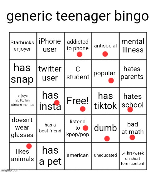 generic teenager bingo | image tagged in black haired turkish nerd boy | made w/ Imgflip meme maker