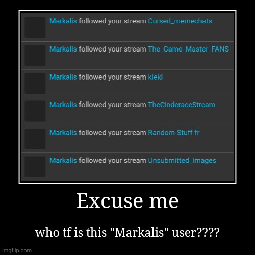 Who are they?????? | Excuse me | who tf is this "Markalis" user???? | image tagged in funny,demotivationals | made w/ Imgflip demotivational maker