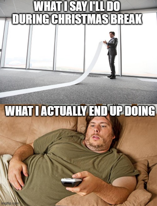 I'll get to it later | WHAT I SAY I'LL DO DURING CHRISTMAS BREAK; WHAT I ACTUALLY END UP DOING | image tagged in couch potato,memes,to do list,relatable,christmas,relatable memes | made w/ Imgflip meme maker