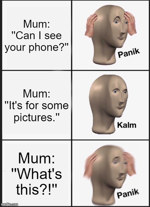 I don't have a phone I have a laptop but it's true though | Mum: ''Can I see your phone?''; Mum: ''It's for some pictures.''; Mum: ''What's this?!'' | image tagged in memes,panik kalm panik | made w/ Imgflip meme maker