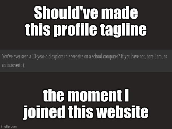 And now I made it. After 11 days on this site. | Should've made this profile tagline; the moment I joined this website | image tagged in imgflip | made w/ Imgflip meme maker