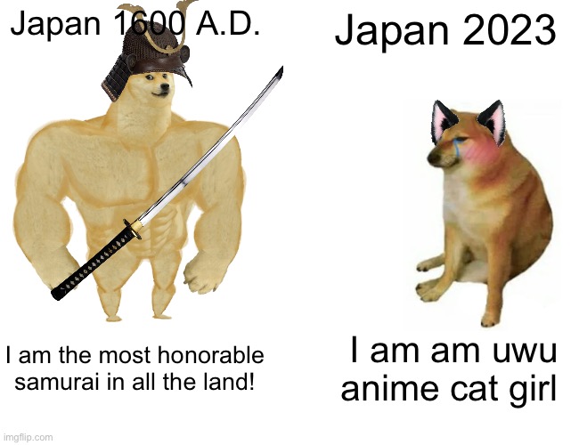 Japan used to be good | Japan 1600 A.D. Japan 2023; I am the most honorable samurai in all the land! I am am uwu anime cat girl | image tagged in memes,buff doge vs cheems | made w/ Imgflip meme maker