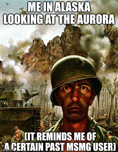 Thousand Yard Stare | ME IN ALASKA LOOKING AT THE AURORA; (IT REMINDS ME OF A CERTAIN PAST MSMG USER) | image tagged in thousand yard stare | made w/ Imgflip meme maker