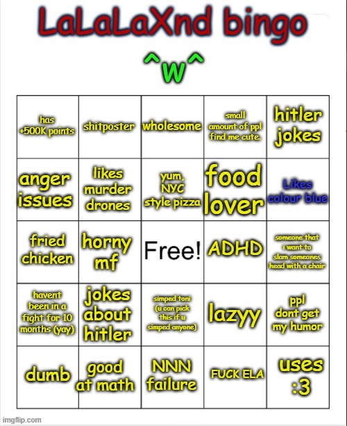 updated bingo yay | image tagged in lalalaxnd bingo updated | made w/ Imgflip meme maker
