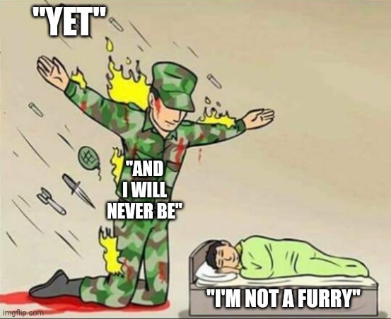 Soldier protecting sleeping child | "YET"; "AND I WILL NEVER BE"; "I'M NOT A FURRY" | image tagged in soldier protecting sleeping child | made w/ Imgflip meme maker