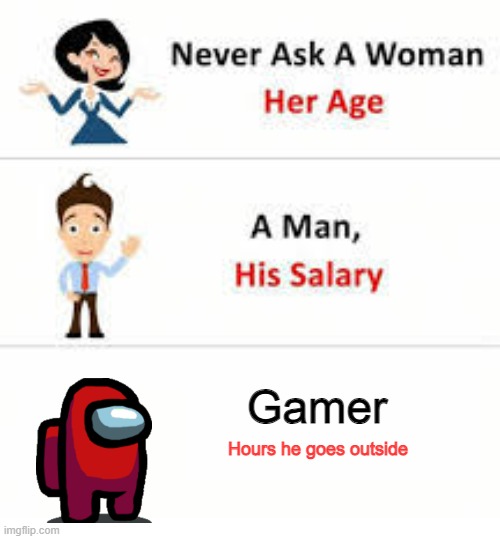 0 is the answer | Gamer; Hours he goes outside | image tagged in never ask a woman her age,0,funny,meme,omg,wth | made w/ Imgflip meme maker