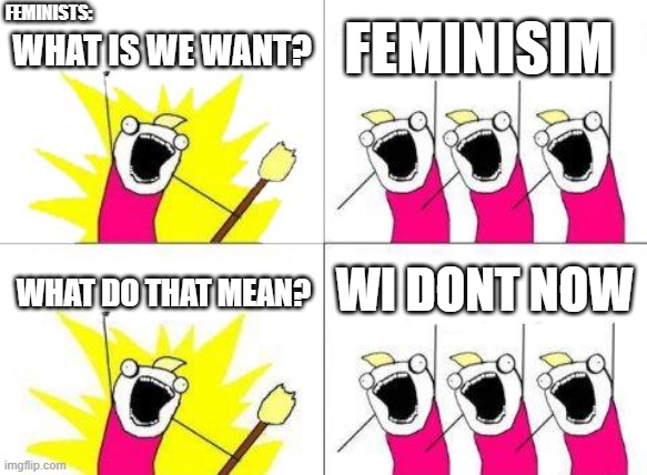 Feminism | FEMINISTS:; WHAT IS WE WANT? FEMINISIM; WI DONT NOW; WHAT DO THAT MEAN? | image tagged in memes,what do we want | made w/ Imgflip meme maker