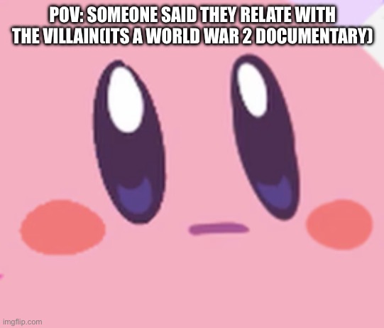 Blank Kirby Face | POV: SOMEONE SAID THEY RELATE WITH THE VILLAIN(ITS A WORLD WAR 2 DOCUMENTARY) | image tagged in blank kirby face | made w/ Imgflip meme maker