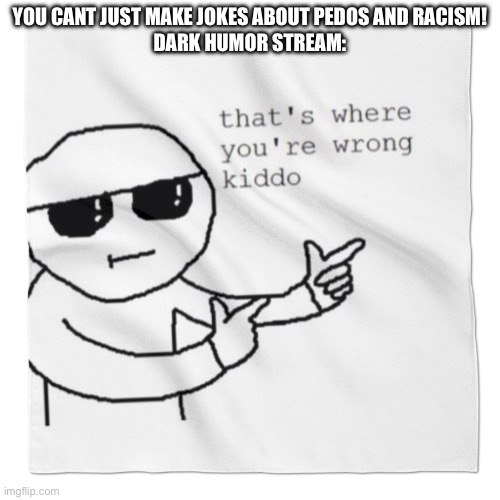 that's where youre wrong kiddo! | YOU CANT JUST MAKE JOKES ABOUT PEDOS AND RACISM!
DARK HUMOR STREAM: | image tagged in that's where youre wrong kiddo | made w/ Imgflip meme maker